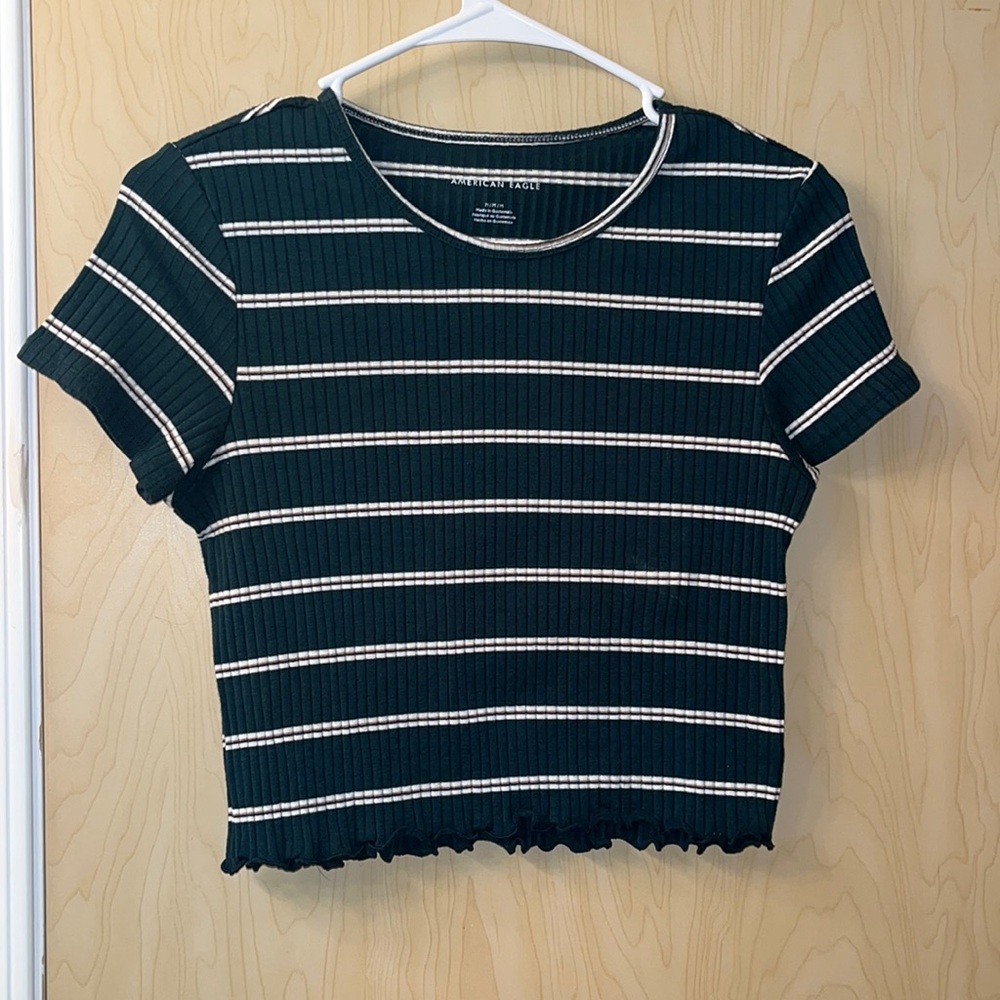 Size M, American Eagle Forest Green with White and tan stripes Crop top